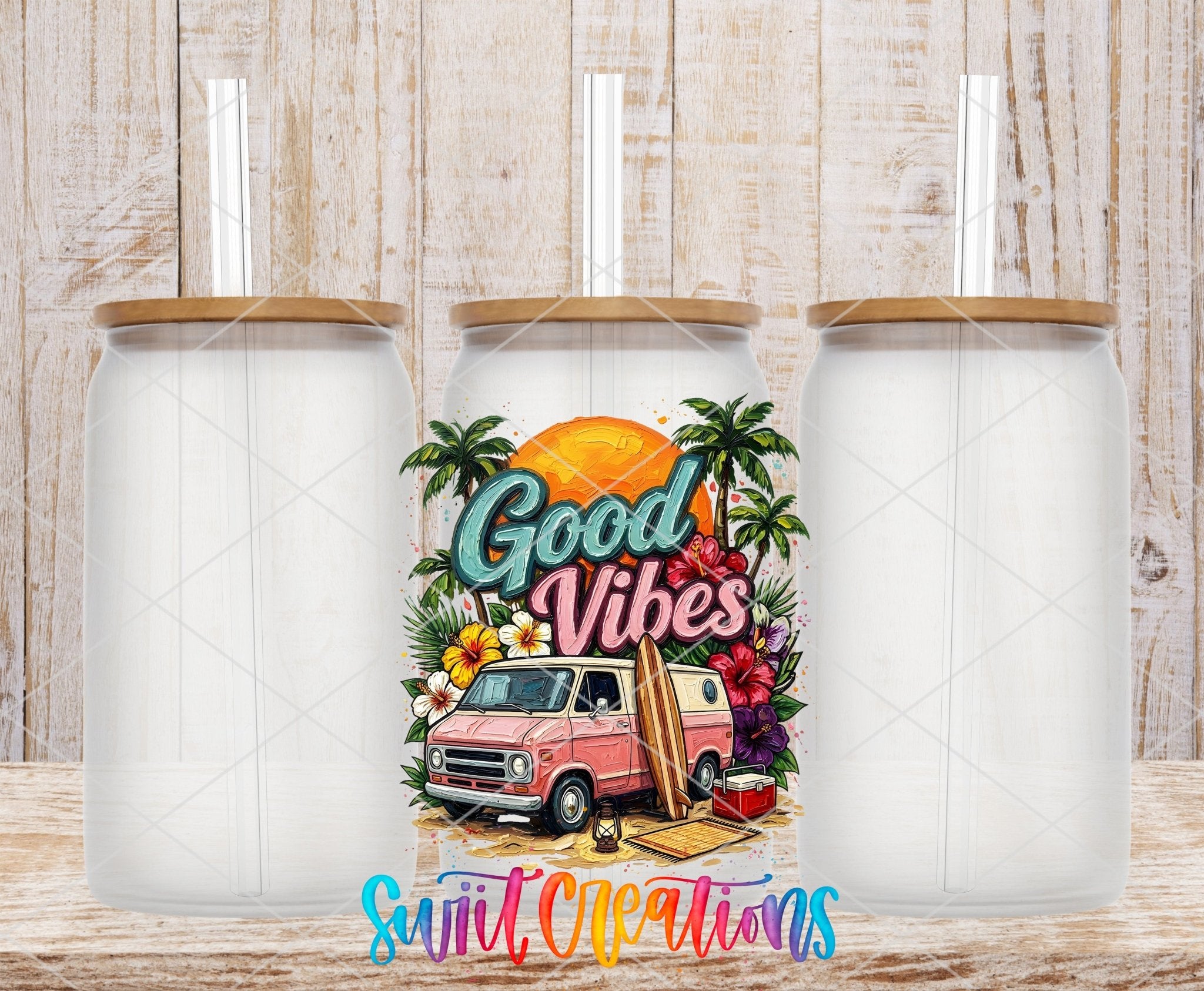 Good Vibes Beach Van Summer UV DTF transfer applied to a clear glass can set from Swiit Creations