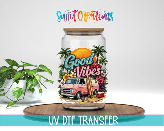 Good Vibes Beach Van Summer UV DTF transfer displayed on a clear jar mockup from Swiit Creations