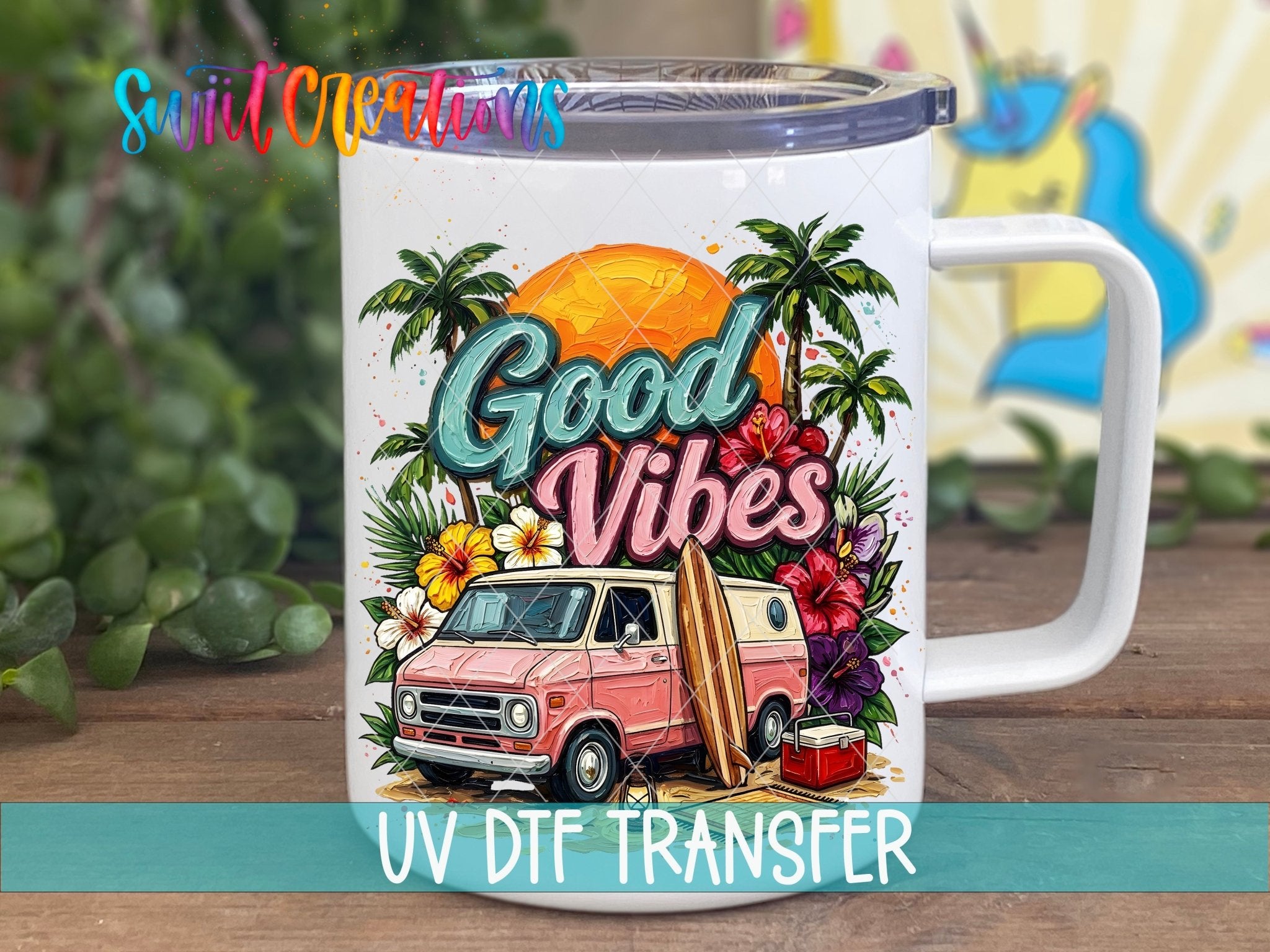 Good Vibes Beach Van Summer UV DTF transfer displayed on a white coffee mug from Swiit Creations