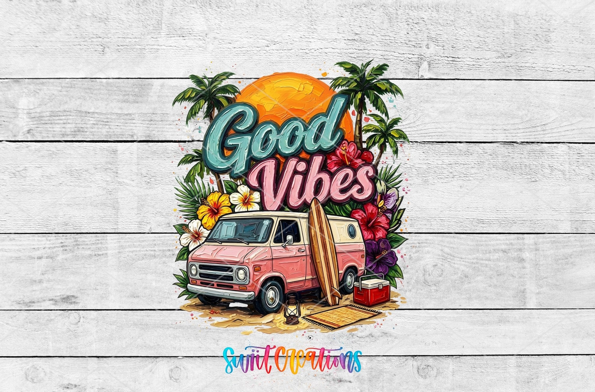 Good Vibes Beach Van Summer UV DTF transfer shown as a full artwork preview from Swiit Creations
