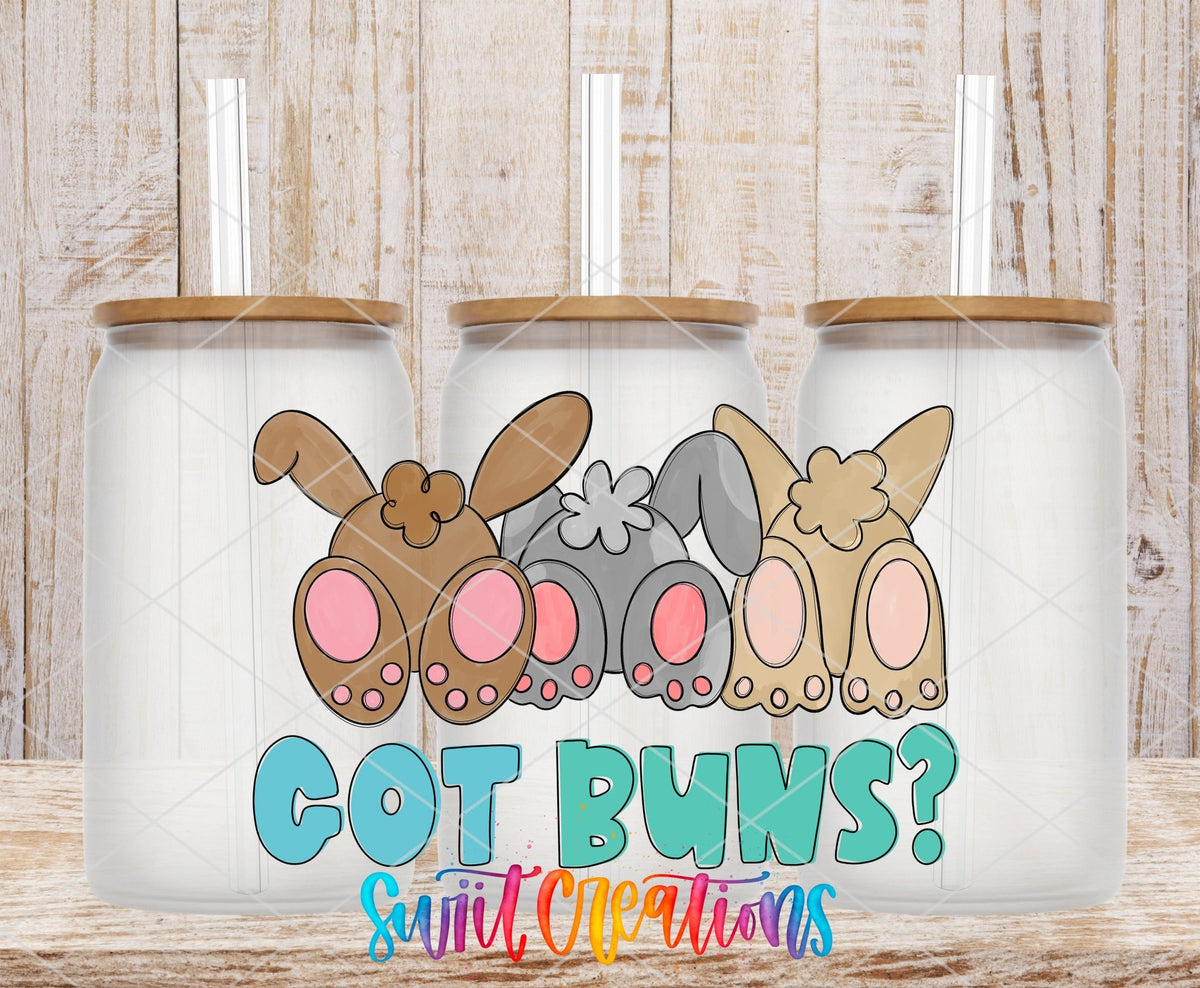 Got Buns UV DTF wrap on three clear glass cans with bamboo lids