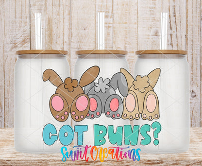 Got Buns UV DTF wrap on three clear glass cans with bamboo lids