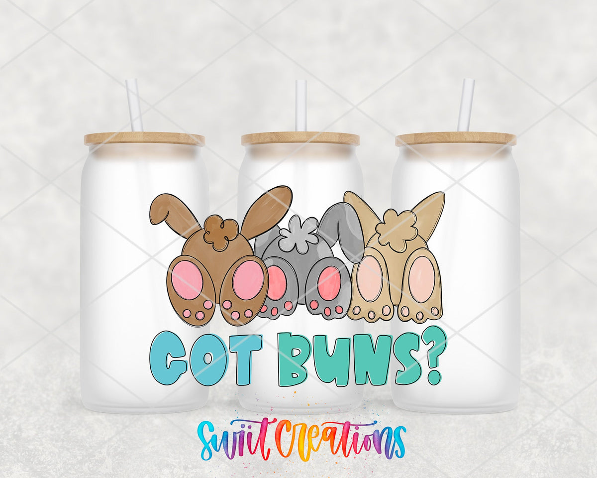 Got Buns UV DTF wrap on three frosted glass cans