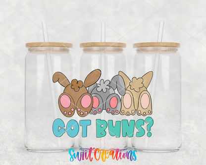 Got Buns UV DTF wrap on three glass cans