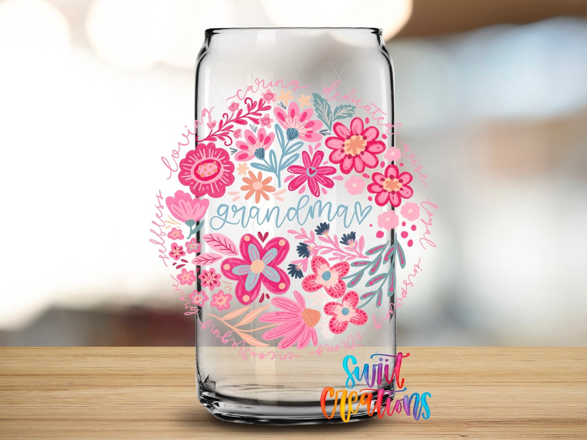 Grandma Floral UV DTF transfer applied to a clear glass can from Swiit Creations