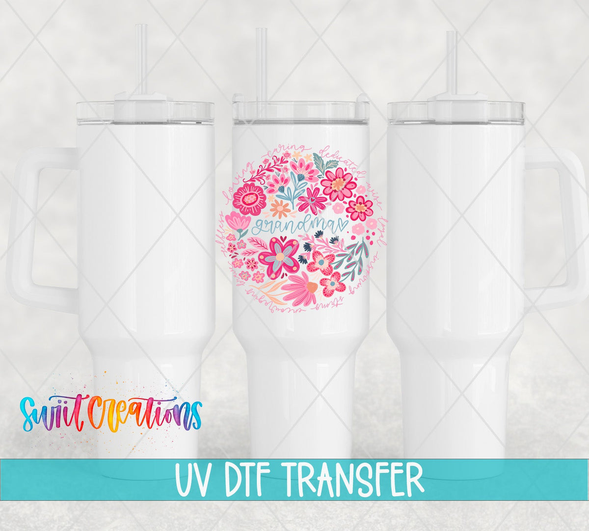 Grandma pink floral circle UV DTF transfer on white 40 oz tumblers