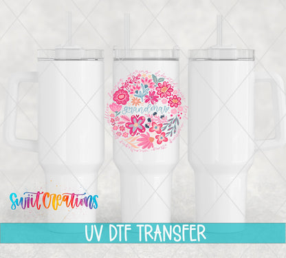 Grandma pink floral circle UV DTF transfer on white 40 oz tumblers