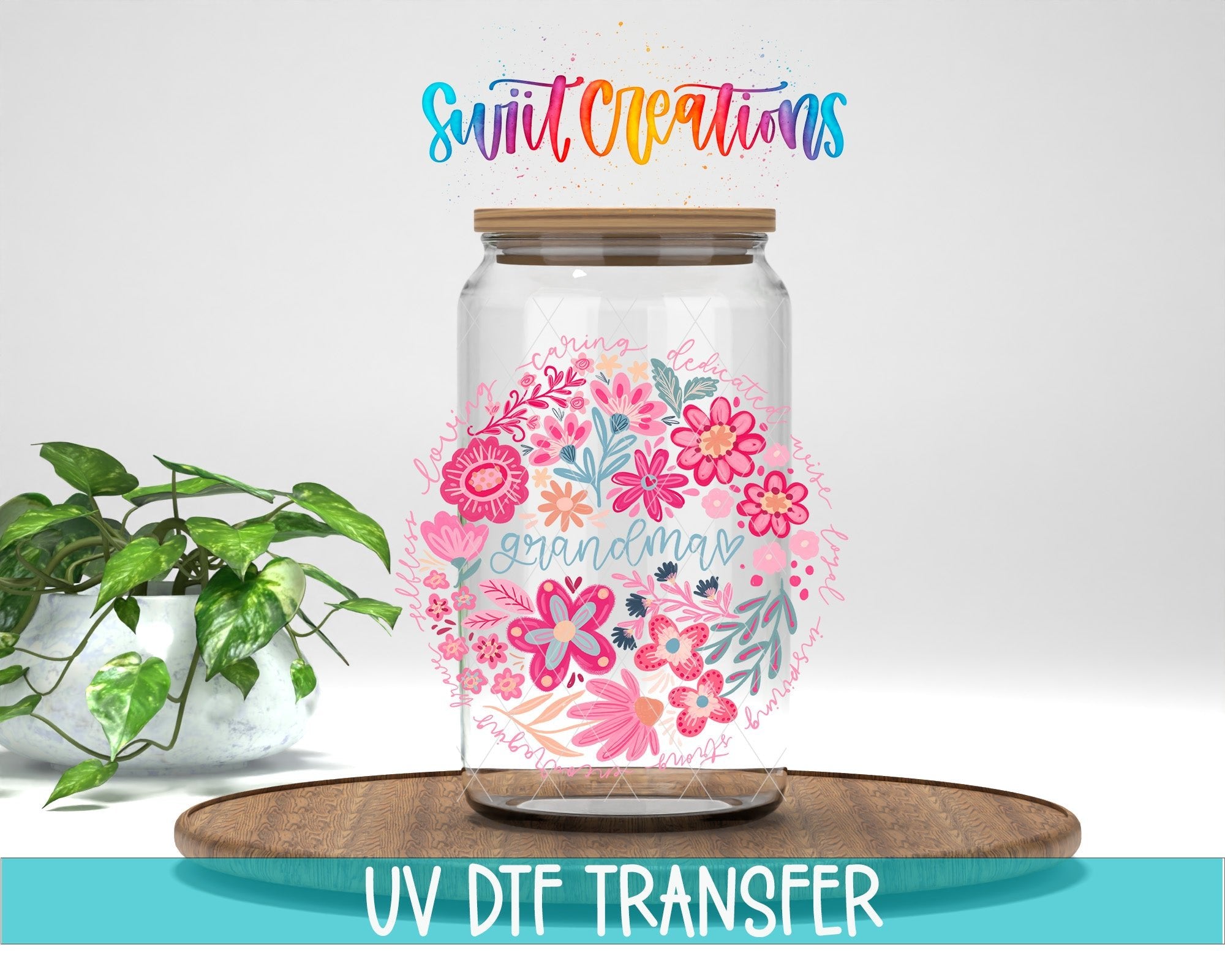 Grandma Floral UV DTF transfer displayed on a clear jar mockup from Swiit Creations