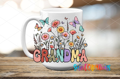 Grandma wildflowers and butterflies UV DTF transfer on a white ceramic coffee mug