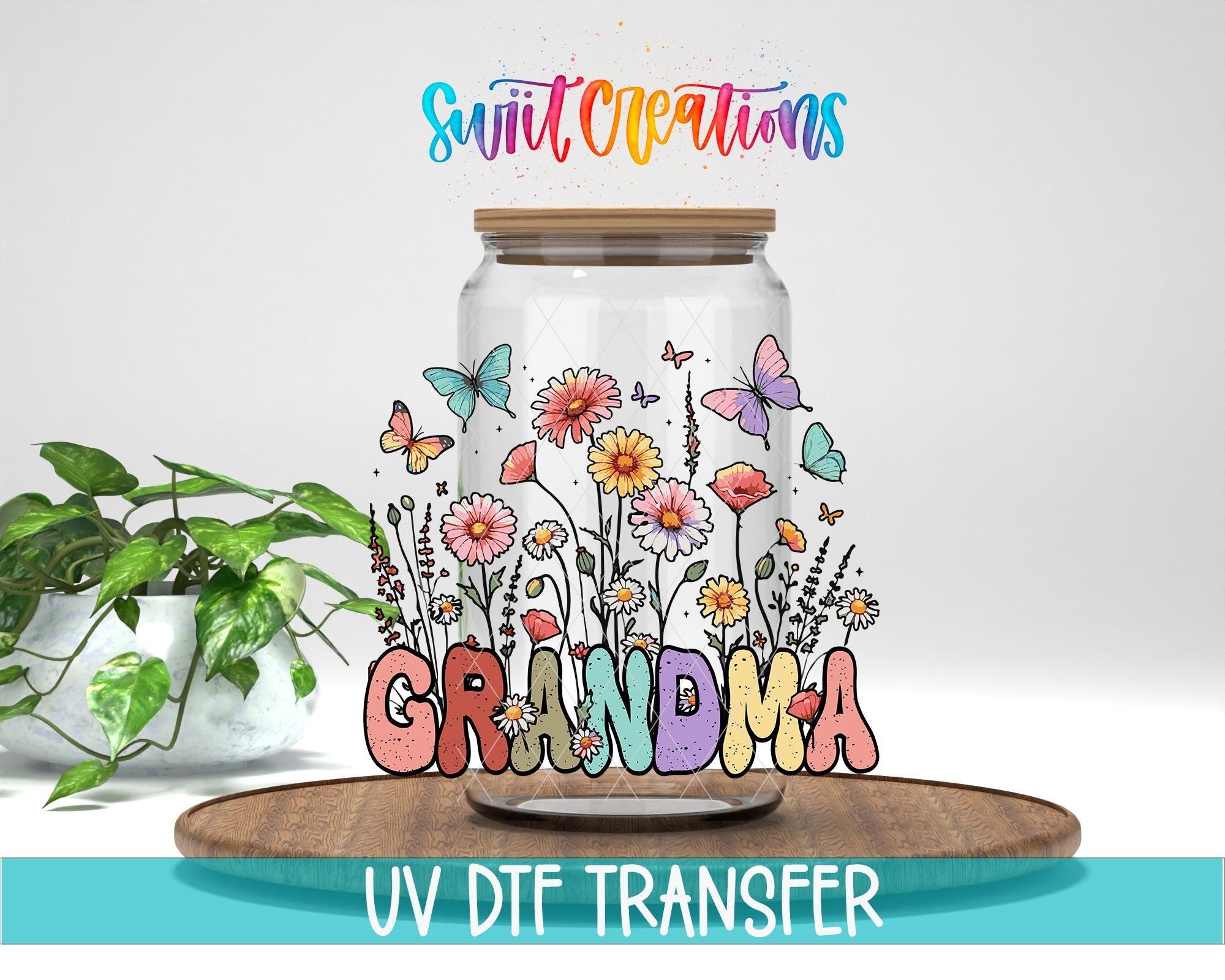 Grandma Floral Wildflower UV DTF transfer displayed on a clear jar mockup from Swiit Creations