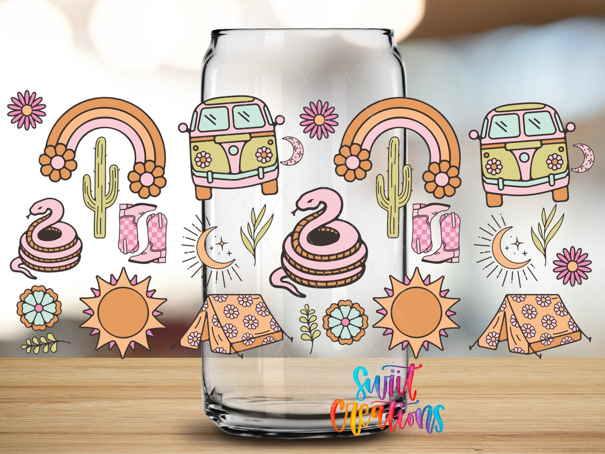 Close-up of the Groovy Western UV DTF full wrap on a clear glass can