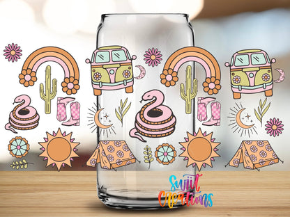 Close-up of the Groovy Western UV DTF full wrap on a clear glass can