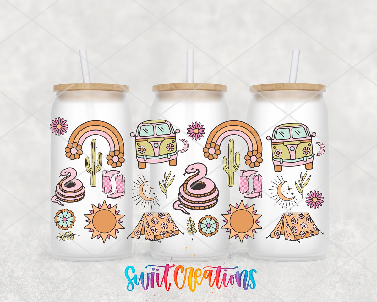 Groovy Western UV DTF full wrap on three frosted glass cans