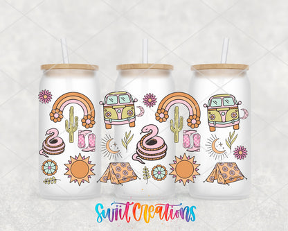 Groovy Western UV DTF full wrap on three frosted glass cans
