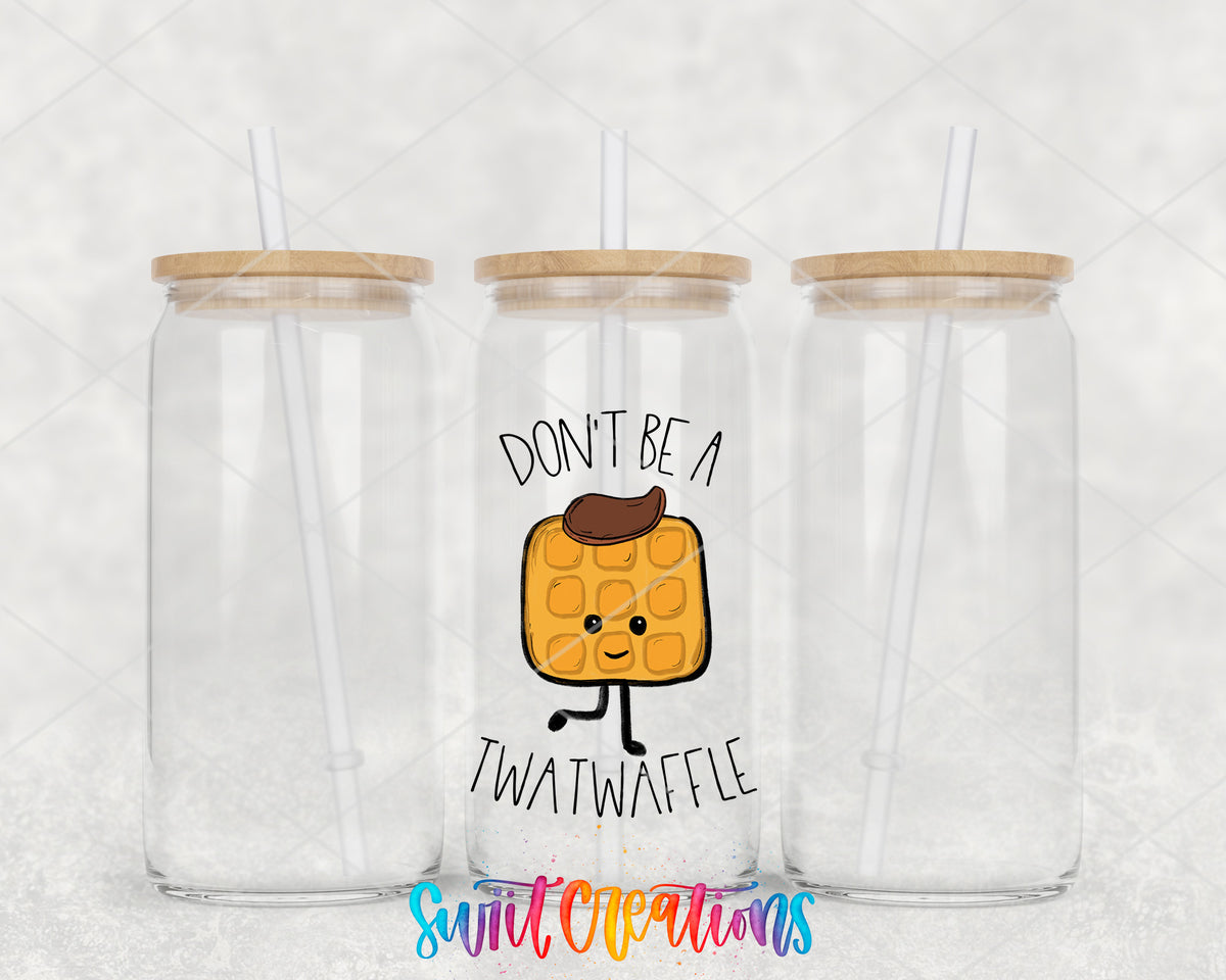 Don't Be a Twatwaffle clear glass tumbler mockup with bamboo lids and straws
