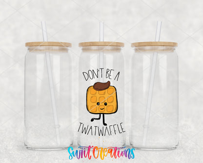 Don't Be a Twatwaffle clear glass tumbler mockup with bamboo lids and straws