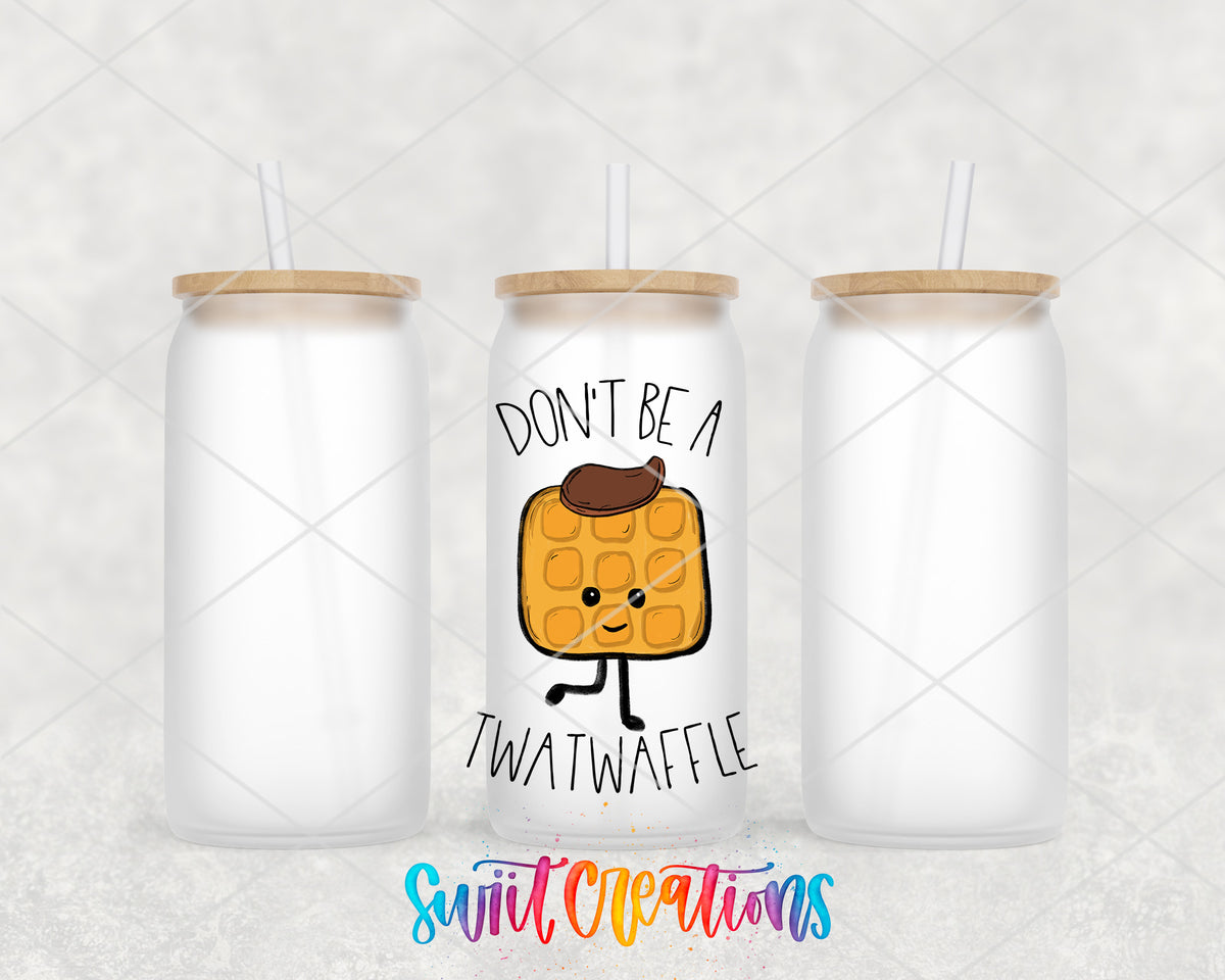 Don't Be a Twatwaffle frosted glass tumbler group mockup with lids and straws