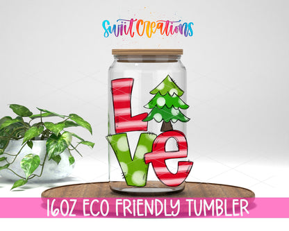 Christmas Love 16 oz clear glass tumbler with bamboo lid