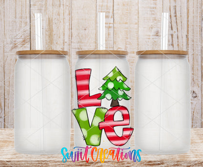 Christmas Love design on frosted glass tumblers with bamboo lids and straws