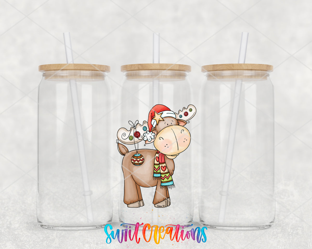 Christmas Moose clear glass tumbler group mockup with bamboo lids and straws