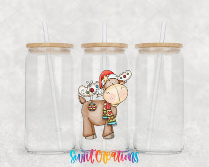 Christmas Moose clear glass tumbler group mockup with bamboo lids and straws