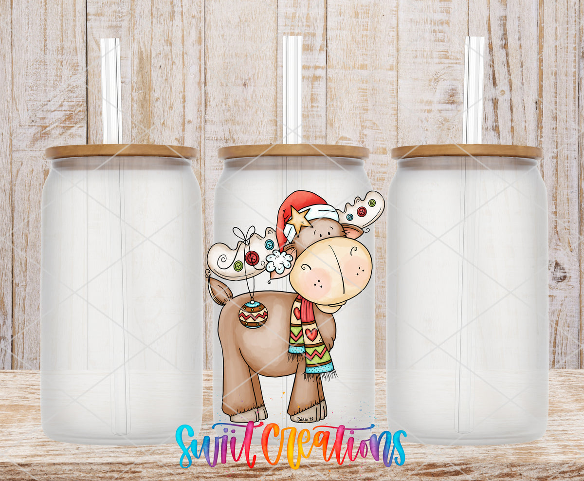 Christmas Moose frosted glass tumbler mockup with bamboo lids and straws