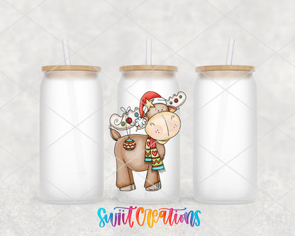 Christmas Moose frosted glass tumbler group view with lids and straws