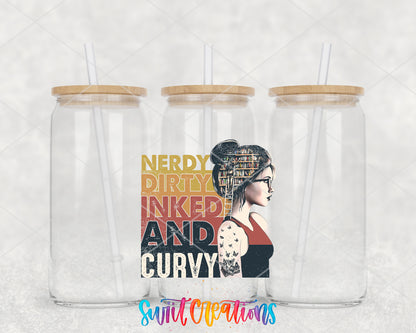 Nerdy Dirty Inked and Curvy clear glass tumbler group mockup with bamboo lids and straws