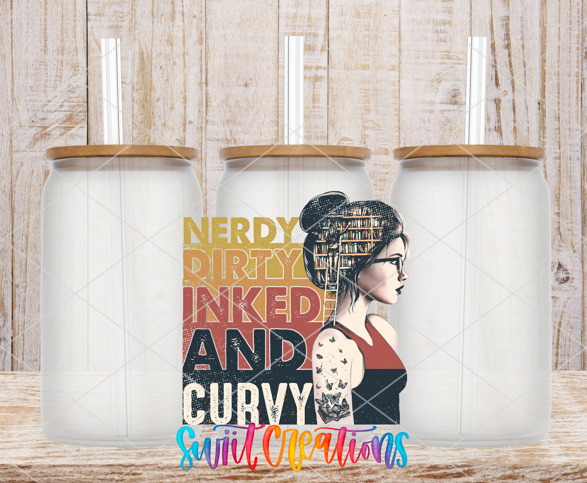 Nerdy Dirty Inked and Curvy frosted glass tumbler mockup with bamboo lids and straws