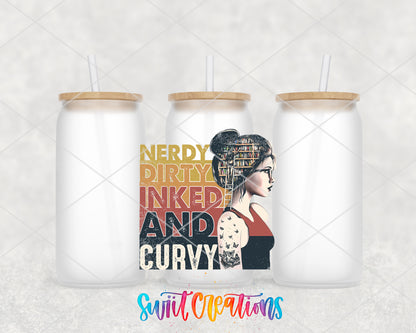 Nerdy Dirty Inked and Curvy frosted glass tumbler group view with lids and straws