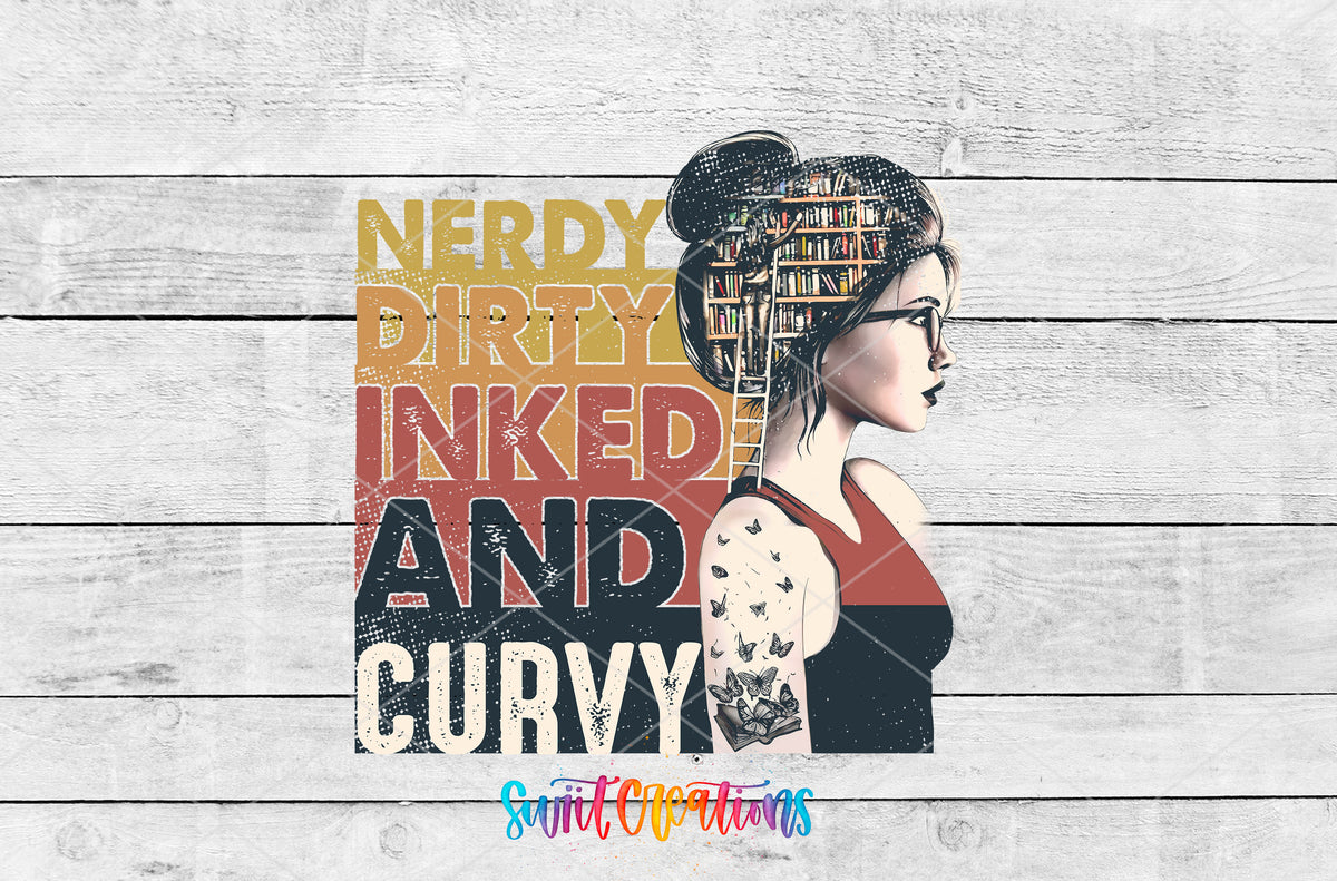 Nerdy Dirty Inked and Curvy artwork detail for the finished 16 oz tumbler