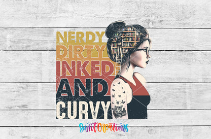 Nerdy Dirty Inked and Curvy artwork detail for the finished 16 oz tumbler