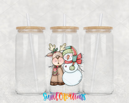 Reindeer and Snowman clear glass tumbler group mockup with bamboo lids and straws