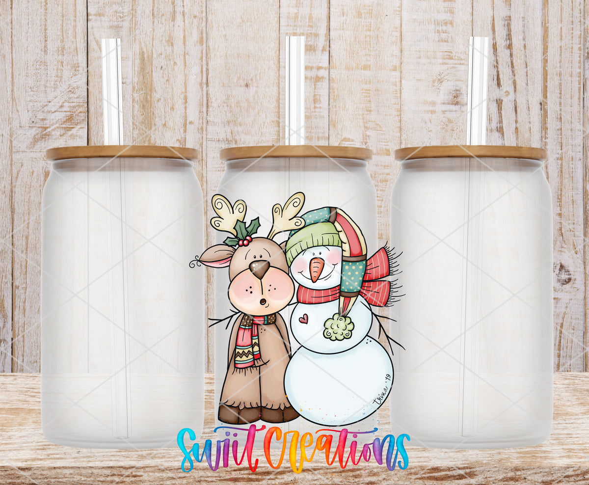 Reindeer and Snowman frosted glass tumbler mockup with bamboo lids and straws