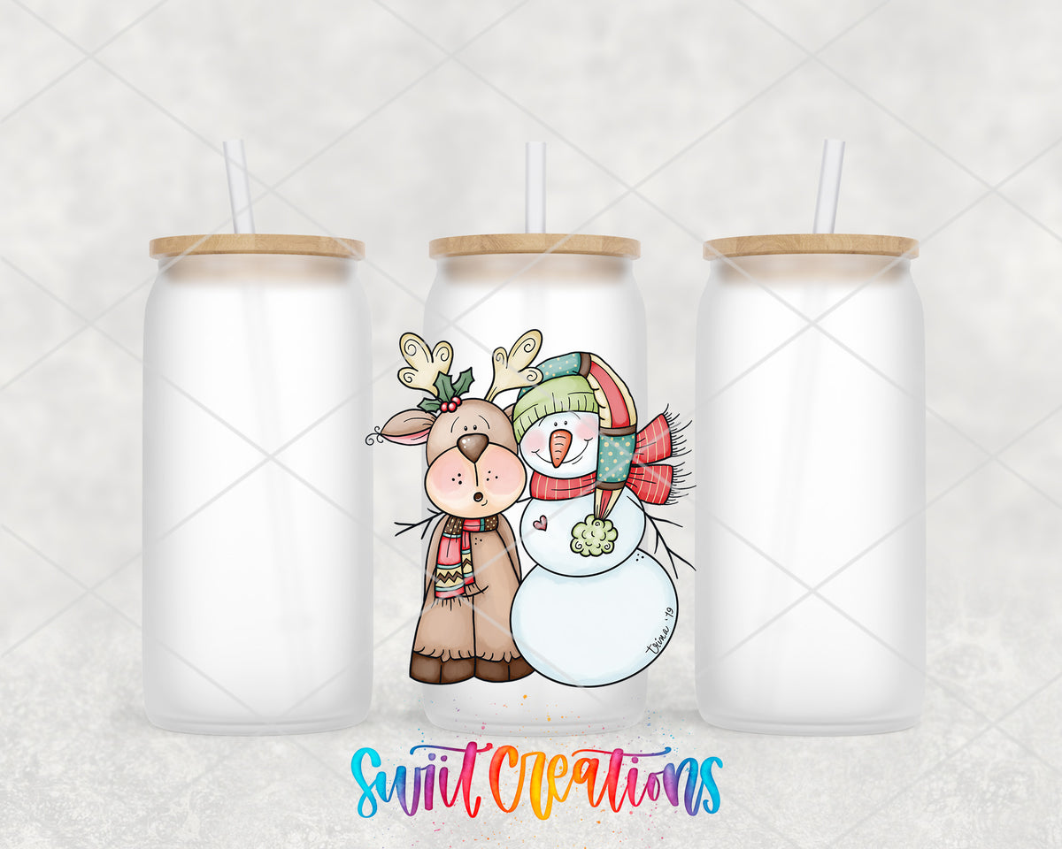 Reindeer and Snowman frosted glass tumbler group view with lids and straws