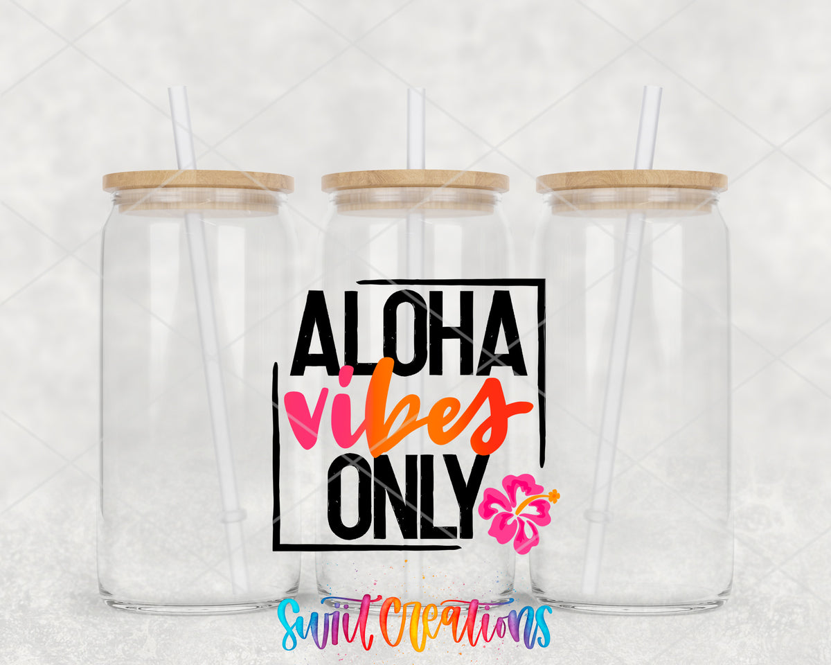 Aloha Vibes Only clear glass tumbler group mockup with bamboo lids and straws