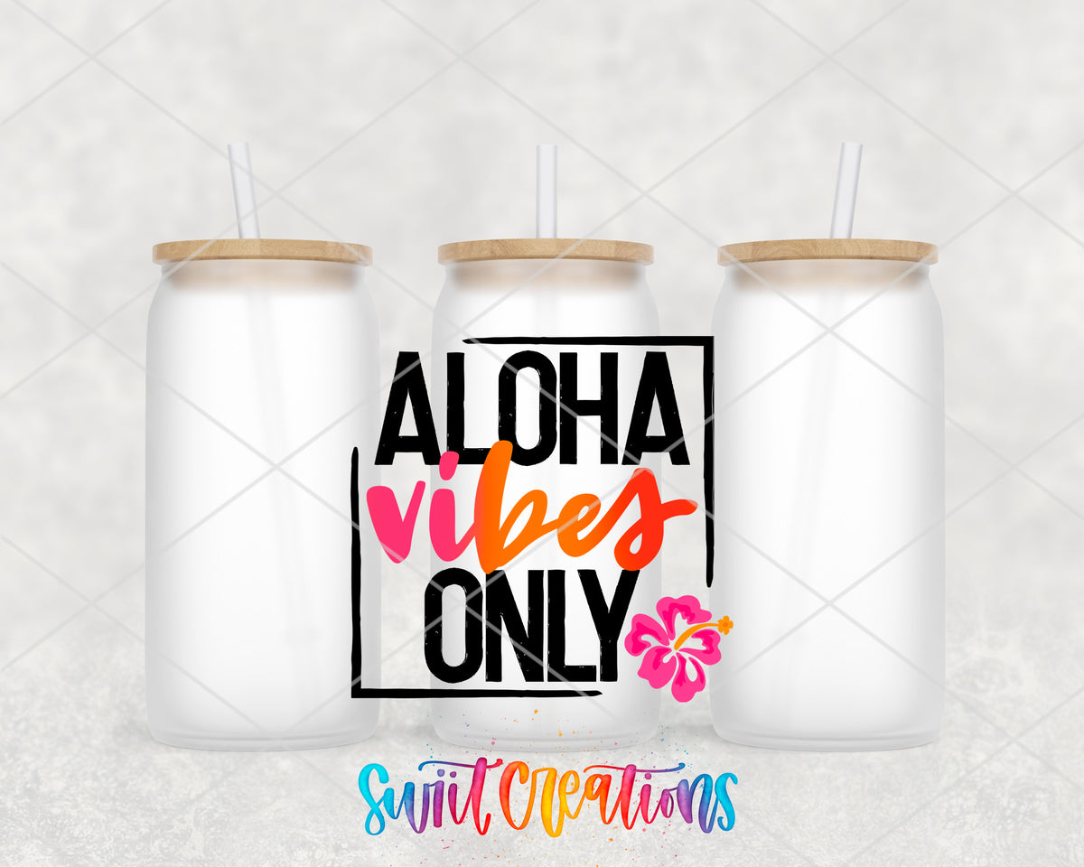 Aloha Vibes Only frosted glass tumbler group view with lids and straws