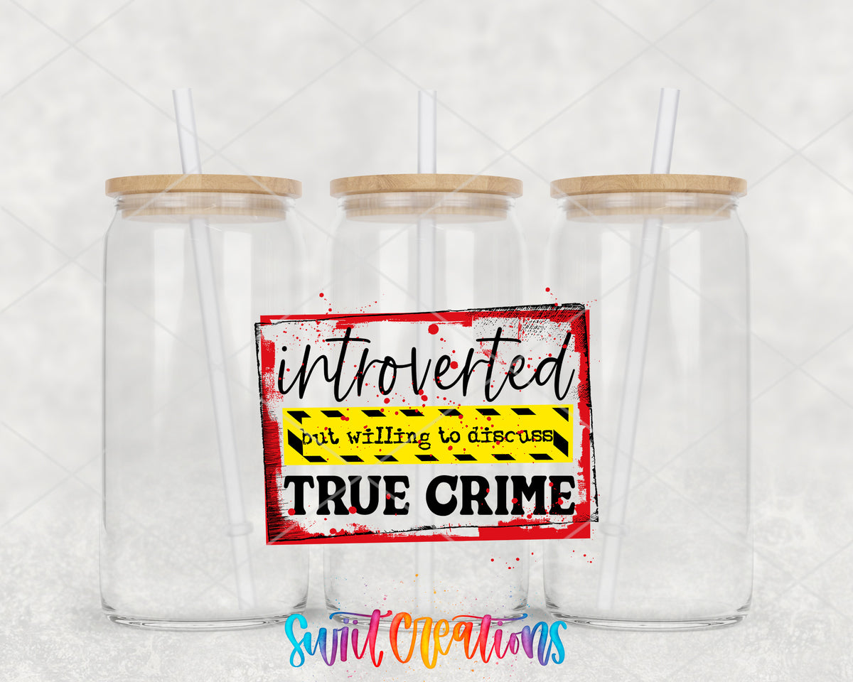 Introverted True Crime clear glass tumbler group mockup with bamboo lids and straws