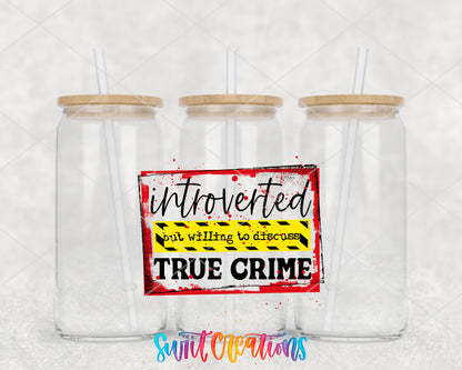Introverted True Crime clear glass tumbler group mockup with bamboo lids and straws