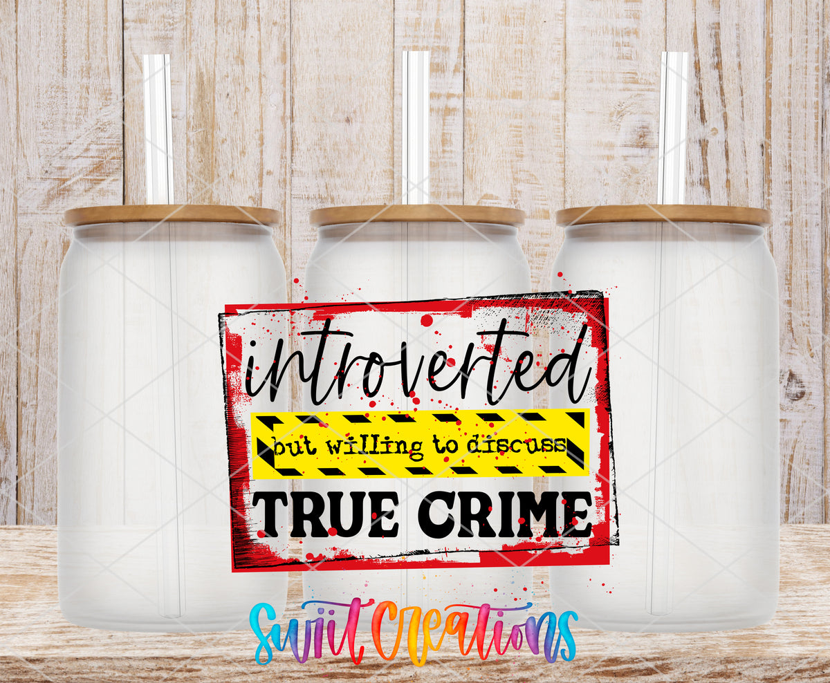 Introverted True Crime frosted glass tumbler mockup with bamboo lids and straws