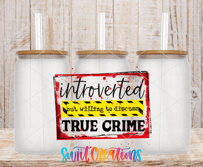 Introverted True Crime frosted glass tumbler mockup with bamboo lids and straws