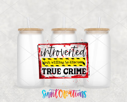 Introverted True Crime frosted glass tumbler group view with lids and straws