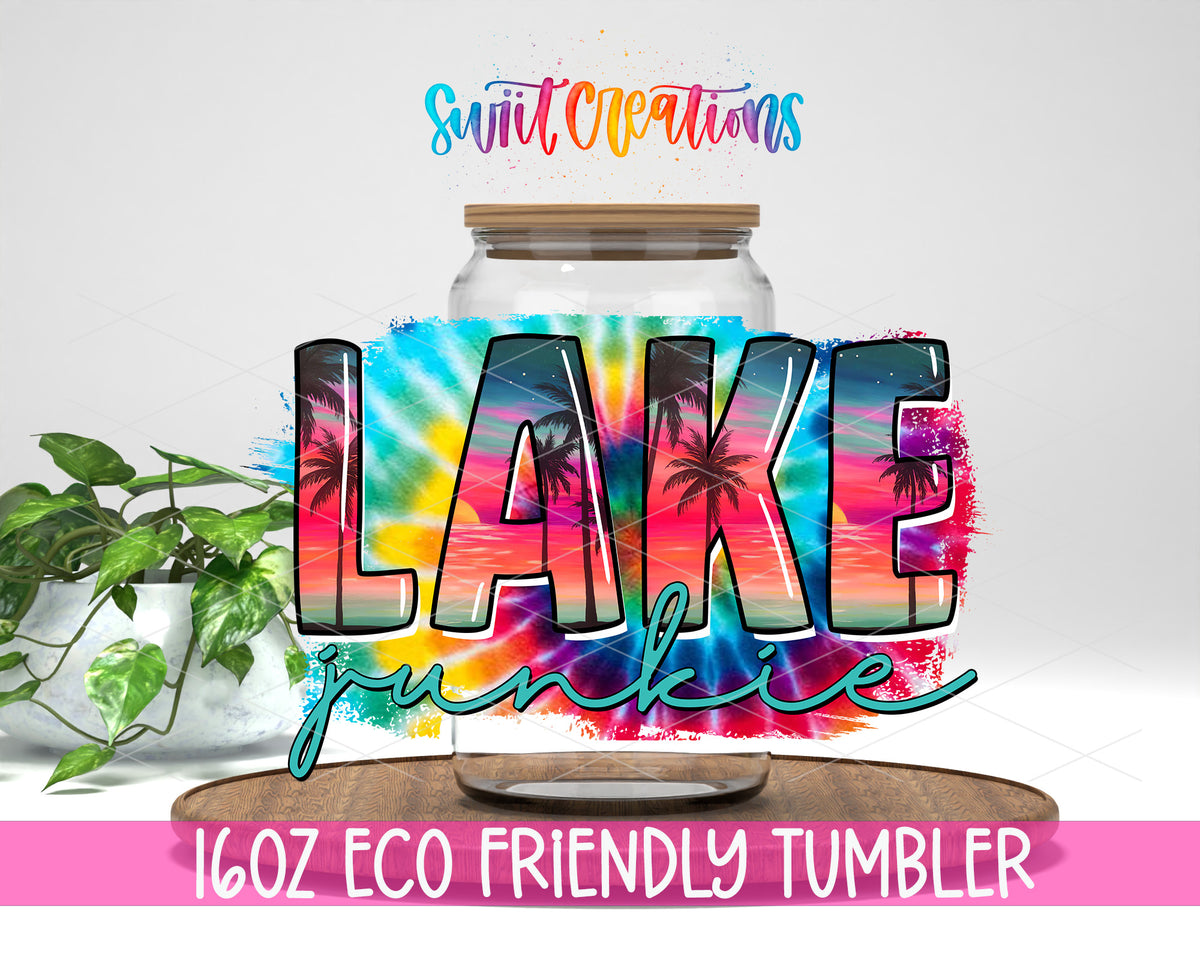 Lake Junkie design on a 16 oz clear glass tumbler with bamboo lid