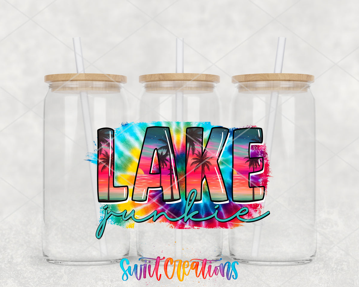 Lake Junkie clear glass tumbler group mockup with bamboo lids and straws