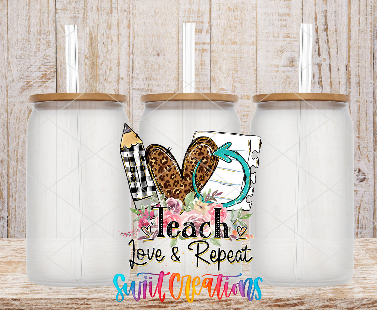 Teach Love Repeat frosted glass tumbler mockup with bamboo lids and straws