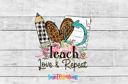 Teach Love Repeat artwork detail for the finished 16 oz tumbler
