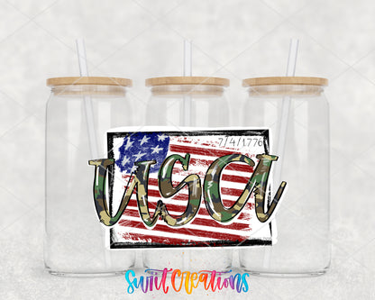 USA Camo Flag clear glass tumbler group mockup with bamboo lids and straws
