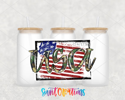 USA Camo Flag frosted glass tumbler group view with lids and straws