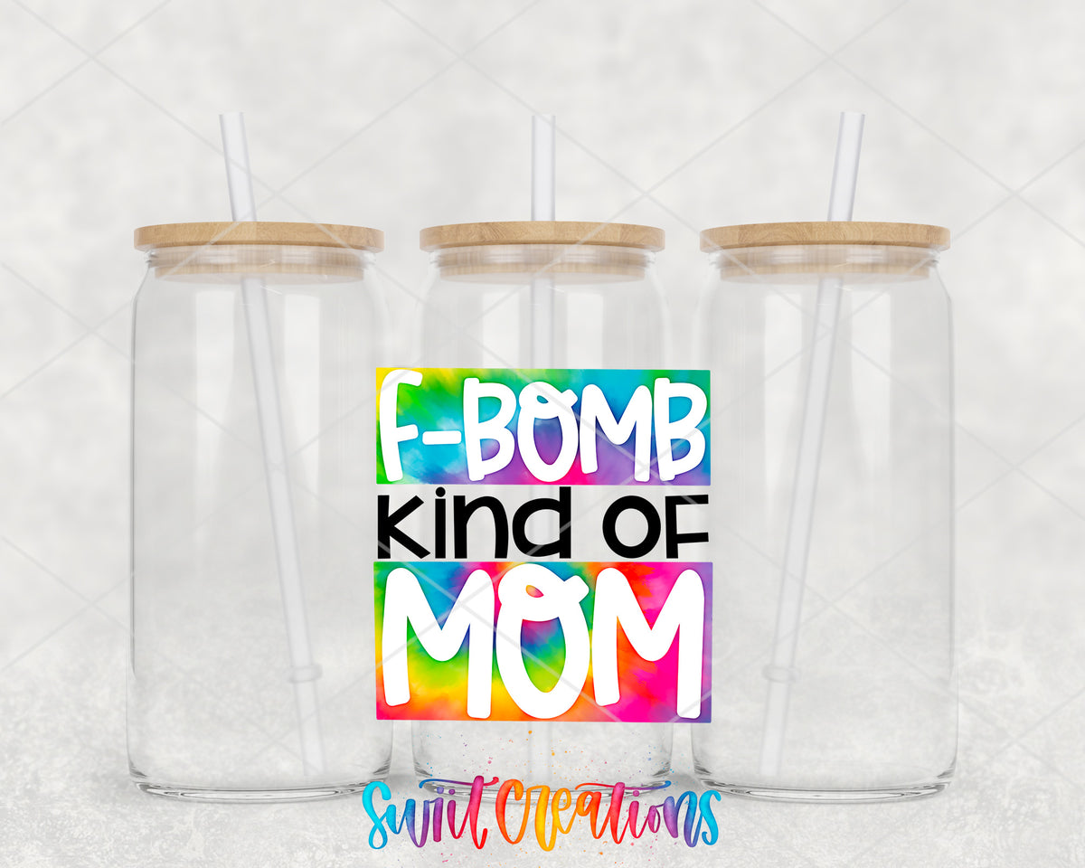 F-Bomb Kind of Mom clear glass tumbler group mockup with bamboo lids and straws