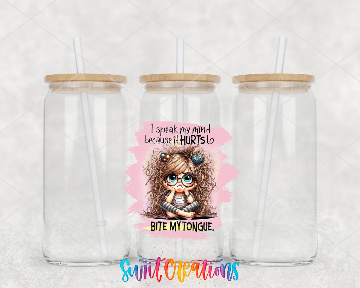 I Speak My Mind clear glass tumbler group mockup with bamboo lids and straws